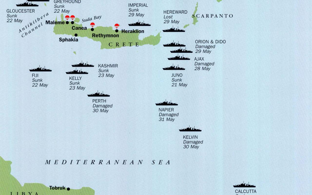 Στον χάρτη απεικονίζονται τα πλοία του Βρετανικού Βασιλικού Ναυτικού, γύρω από την Κρήτη, κατά την διάρκεια της μάχης.