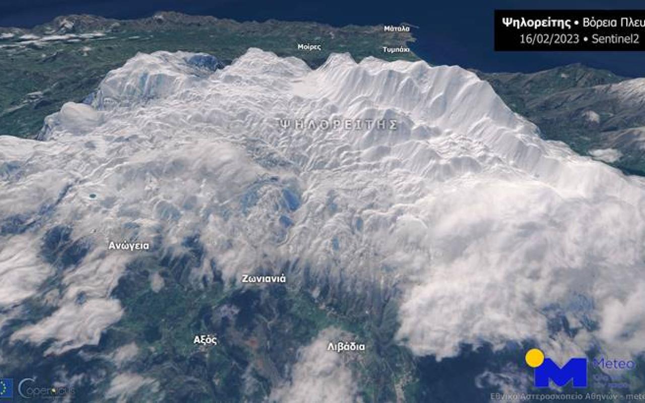 δορυφορική αποτύπωση της χιονόπτωσης στα βουνά της, μετά την κακοκαιρία «Βαρβάρα».