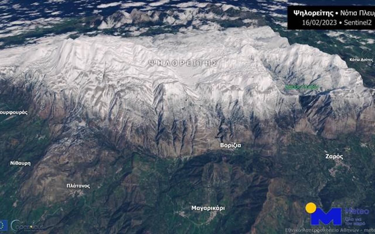 δορυφορική αποτύπωση της χιονόπτωσης στα βουνά της, μετά την κακοκαιρία «Βαρβάρα».