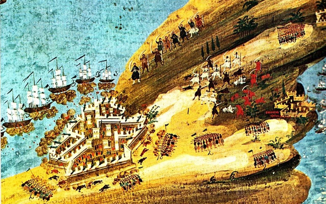 Υδατογραφία των Δ. Ζωγράφου - Ι. Μακρυγιάννη με θέμα τις μάχες της Κρήτης. Μεταξύ άλλων στο υπόμνημα: &quot; Η νήσος Κρήτη με τα κάστρα της και τα χωριά της. Πολεμούν οι Έλληνες και από μέσα απ&#039; τα φρούρια οι Τούρκοι&quot;. Γεννάδειος Βιβλιοθήκη.
