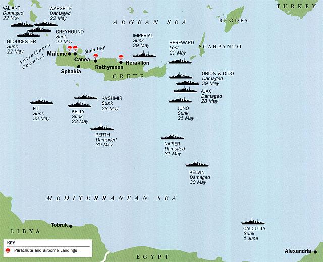 Στον χάρτη απεικονίζονται τα πλοία του Βρετανικού Βασιλικού Ναυτικού, γύρω από την Κρήτη, κατά την διάρκεια της μάχης.