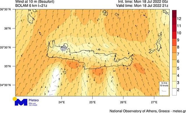 Η μέση ένταση των ανέμων νωρίς το απόγευμα φθάνει τα 6 και τοπικά 7 Μποφόρ.