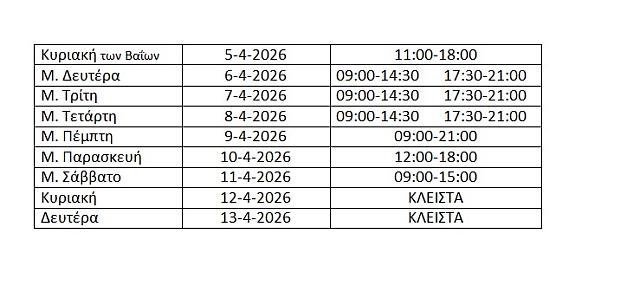 πασχαλινό ωράριο 2026