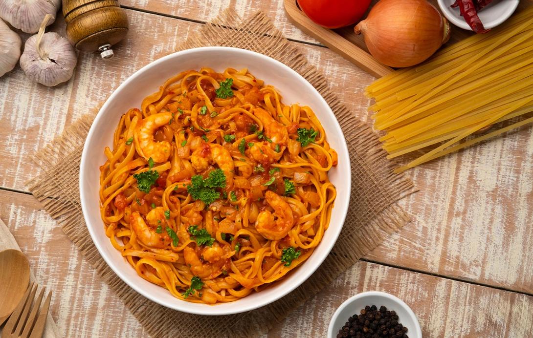 μακαρονάδα, γαρίδες