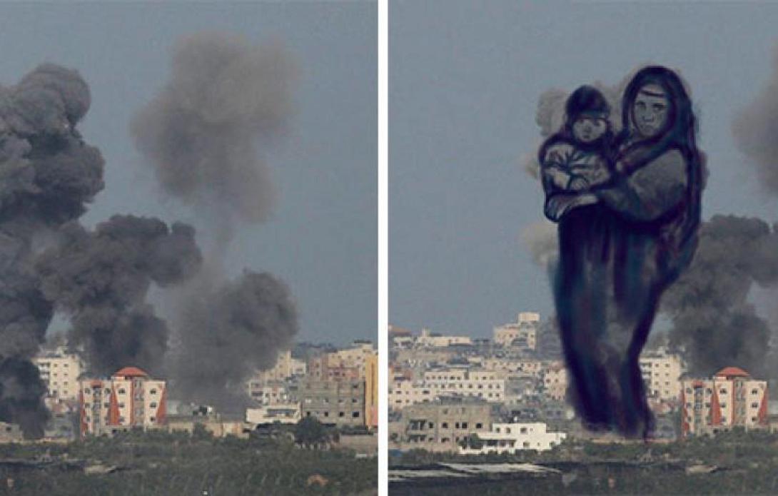 Παλαιστίνιοι καλλιτέχνες ζωγραφίζουν πάνω στους καπνούς των εκρήξεων στη Γάζα (φωτογραφίες)