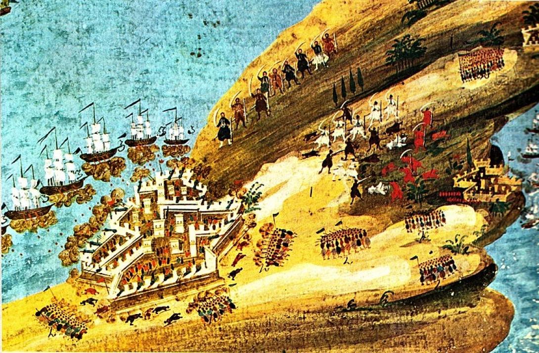 Υδατογραφία των Δ. Ζωγράφου - Ι. Μακρυγιάννη με θέμα τις μάχες της Κρήτης. Μεταξύ άλλων στο υπόμνημα: &quot; Η νήσος Κρήτη με τα κάστρα της και τα χωριά της. Πολεμούν οι Έλληνες και από μέσα απ&#039; τα φρούρια οι Τούρκοι&quot;. Γεννάδειος Βιβλιοθήκη.